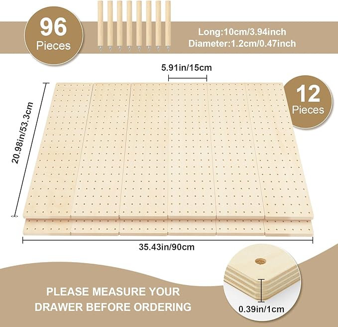 Kigley 12 Pcs Pegboard Drawer Organizer with 96 Drawer Peg Wood Peg Board Wooden Kitchen Plate Organizer for Dishes Food Containers Cookware Utensils(21 Inch,Wood Color)