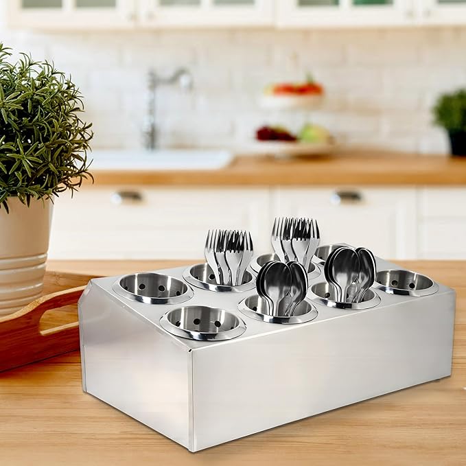 Commercial Silverware Caddy Utensil Holder Countertop 8 Holes Utensil Dispenser Holder Stainless Steel Cylinder Flatware Silverware Organizer for Restaurant Buffet