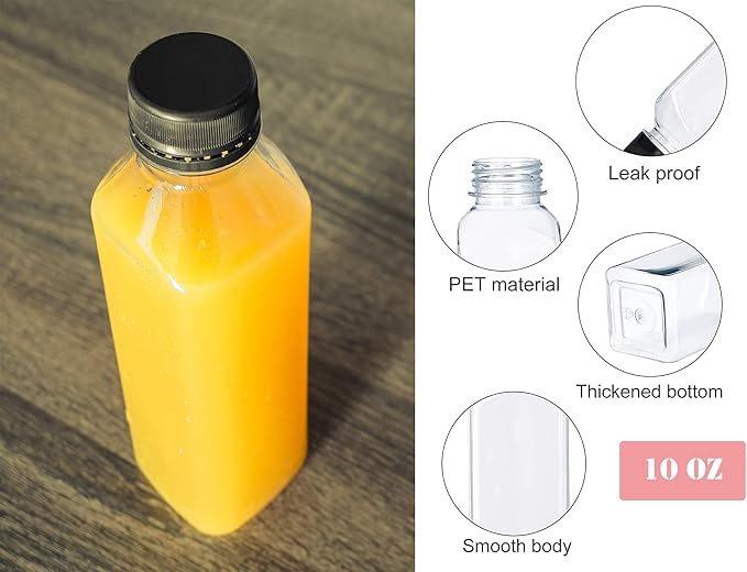 10 OZ Plastic Juice Bottles, Reusable Bulk Beverage Containers, for Juice, Milk and Other Beverages, 4 Pcs.