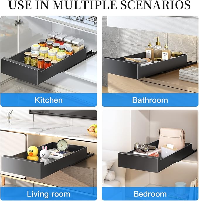 Pull Out Cabinet Organizer Fixed With Adhesive Nano Film, Heavy Duty Storage and Drawer Organization Slide Out Pantry Shelves Sliding Drawer Pantry Shelf for Kitchen13.8" W x 16.9"D x 3.1"H(1PC)