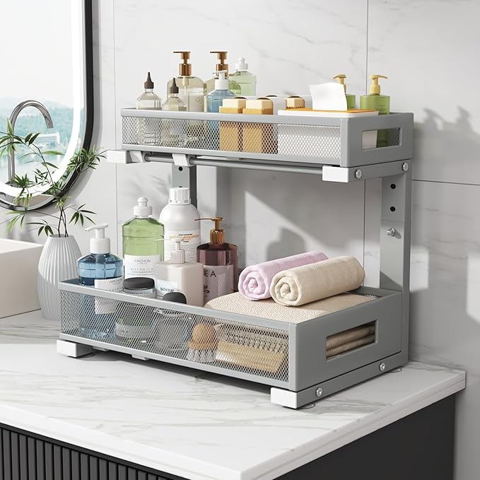 2-Pack Under Sink Storage Organizer, Large 2-Tier Elegant Mesh Pull Out Shelf for Kitchen and Bathroom Cabinet Organization, L-Shaped and Adjustable Height Design-Gray