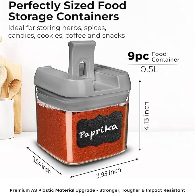 Shazo 9 PC Airtight Food Storage Containers - BPA Free Clear Plastic Snack & Spice Containers with Easy Lock Lids - Kitchen and Pantry Organization for Herbs, Coffee, Tea - 0.5L / 2.1 Cups