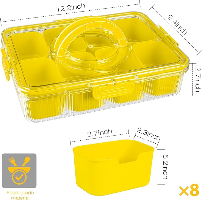 Patent Divided Serving Tray with Lid & Handle - Snackle Box Organizer for Charcuterie, Veggies, Fruits, Candy - Portable Food Storage for Travel, Beach, Picnics(1 pcs, Yellow)