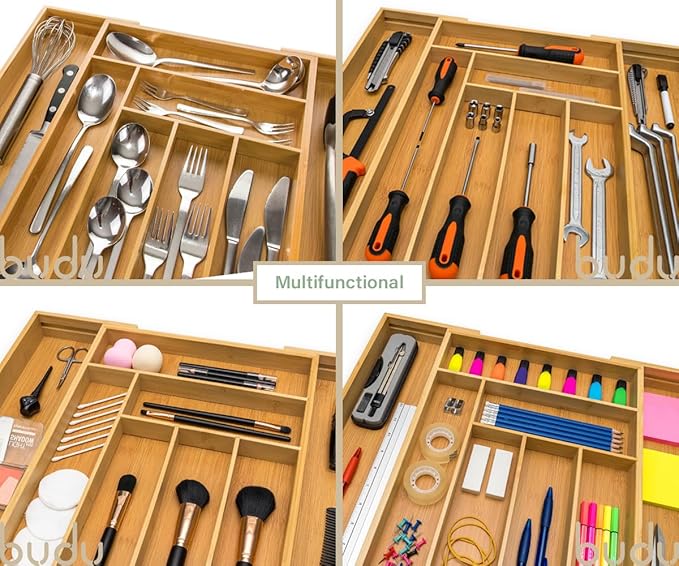 budu Silverware Drawer Organizer #18.5" Depth – Utensil Holder, Kitchen Drawer Organizers for Flatware, Cutlery – Perfect Utensil Organizer for Silverware & Other Kitchen Organization Tools & Storage
