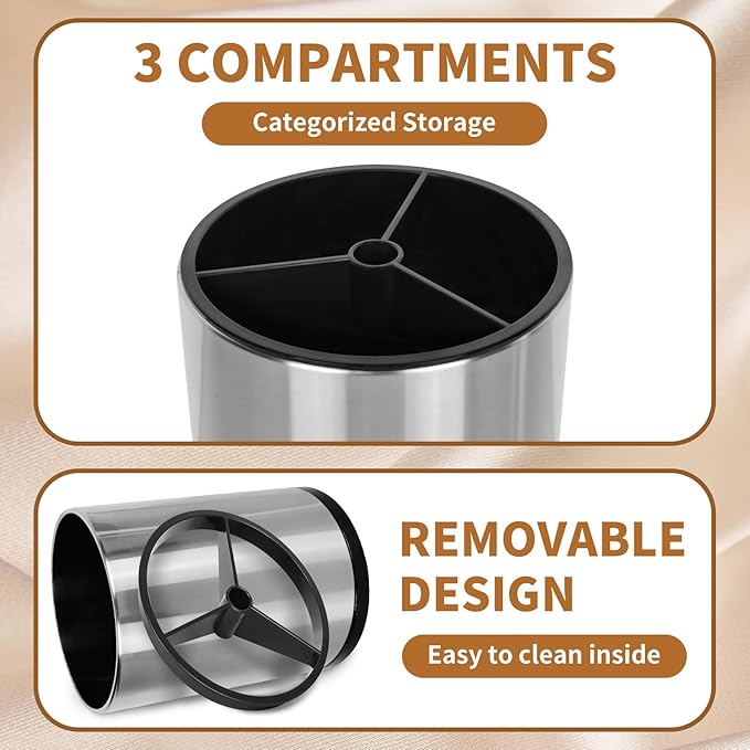 360° Rotating Kitchen Utensil Holder - Extra Large Stainless Steel Cooking Utensil Holder for Countertop, 3 Compartment Flatware Organizer & Cooking Caddy with Removable Base(Silvery)