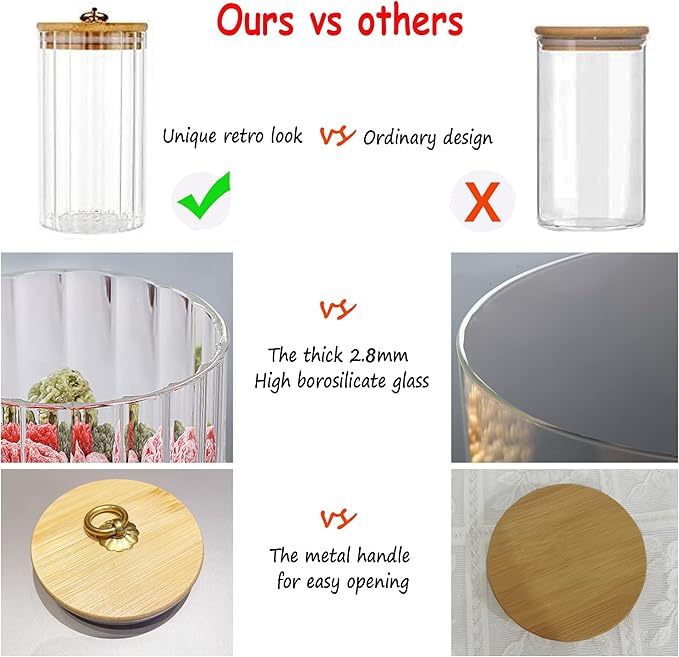 FANTESTICRYAN Glass Storage Jars Set of 5, Decorative Coffee Bar Container with Airtight Bamboo Lid Metal Ring for Home Kitchen Storing Candy, Cookie, Pasta, Nuts, Oatmeal and Bathroom Salt