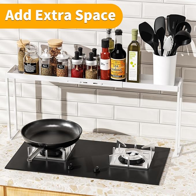 Stove Top Shelf for Curved Stove, Expand 27 to 33 Inch Spice Rack, 4 Level Adjustable Height Spice Shelf, Over the Stove Shelf for Back of Stove Spice Rack Organizer for Countertop, White