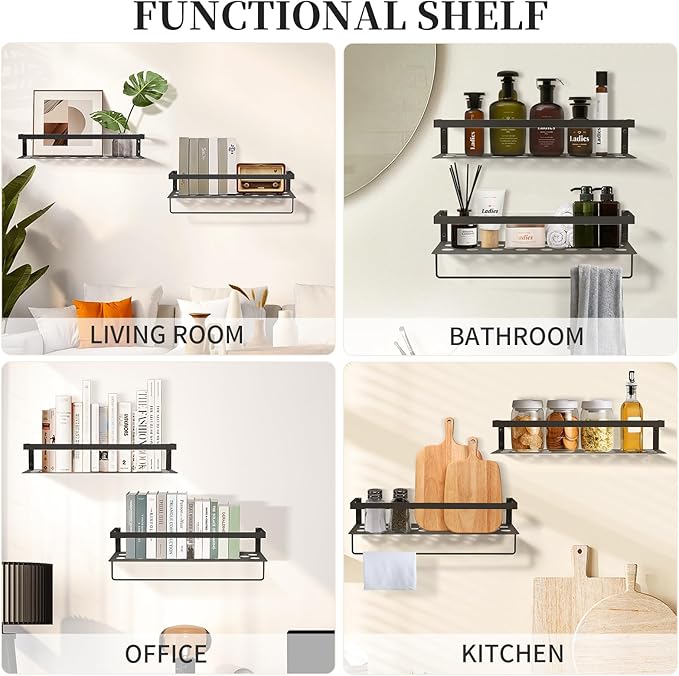 Uten Floating Shelves, Wall Mounted Iron Shelves Set of 2, Bathroom Storage Iron Shelves with Towel Rack, Wall Hanging Organizer Decor Shelf for Bathroom, Kitchen, Bedroom, Living Room