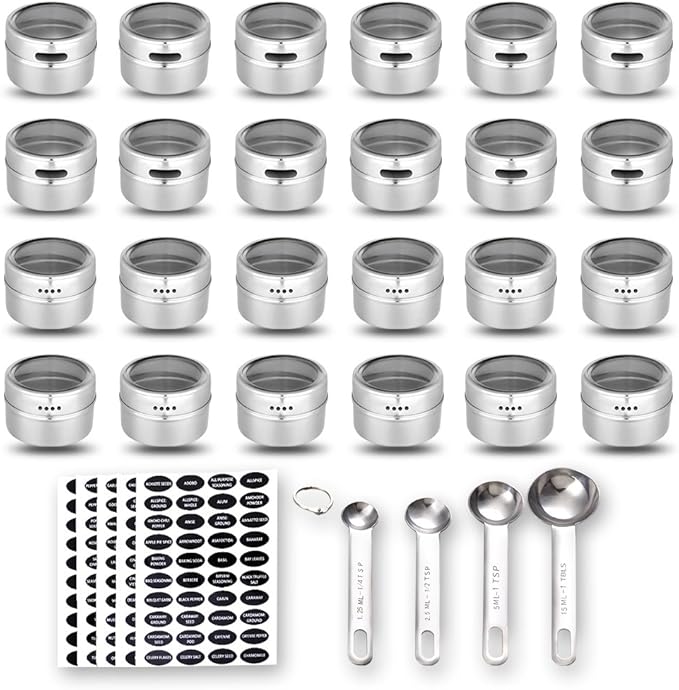 24 Magnetic Spice Tins, 200 Spice Labels, 4 Stainless Steel Measuring Spoons Magnetic Spice Containers Organizer Storage Condiment Jar Set of 24, Clear Lid, Sift and Pour