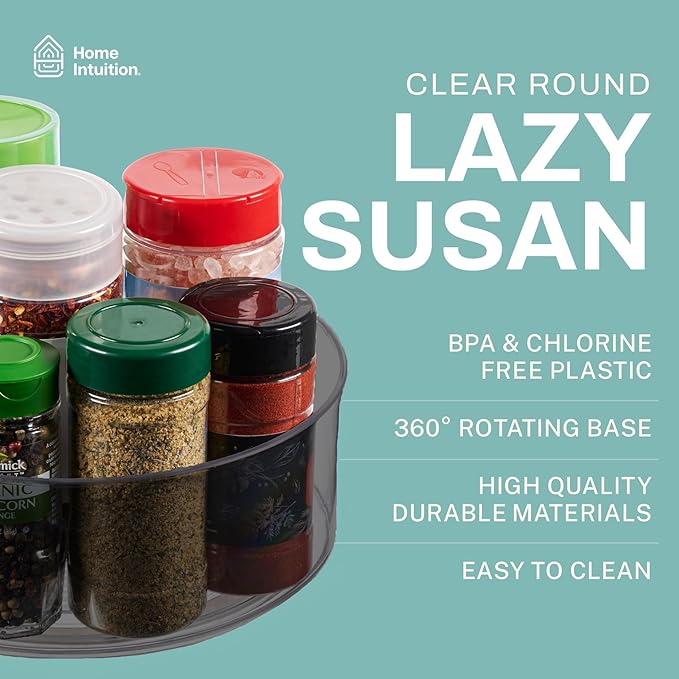 Home Intuition Round Plastic Grey Lazy Susan Turntable Food Storage Container for Kitchen (9" Round, 1 Pack)