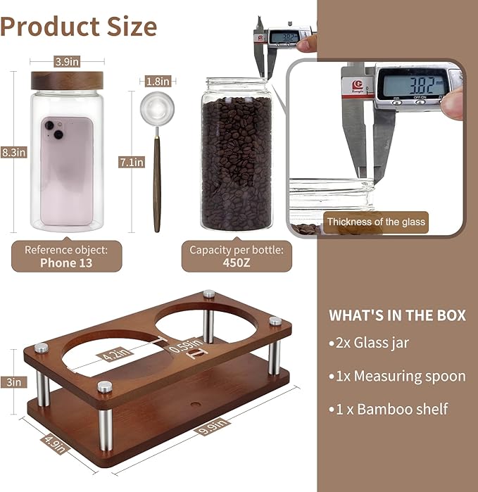 Glass Coffee Grounds Container with Shelf, 2 × 45 oz Glass Coffee Canisters with Airtight Thread Lid, Glass Storage Jars with Stainless Steel Spoon for Coffee Bean, Sugar,Nut
