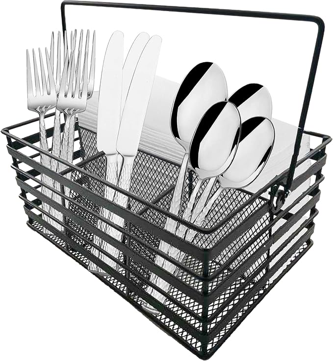 Stainless Steel Utensil Basket,Dishwasher , Flatware Basket, Kitchen, Countertop, Office, Camping, Outdoors, and Restaurants, 4-Compartment, Black