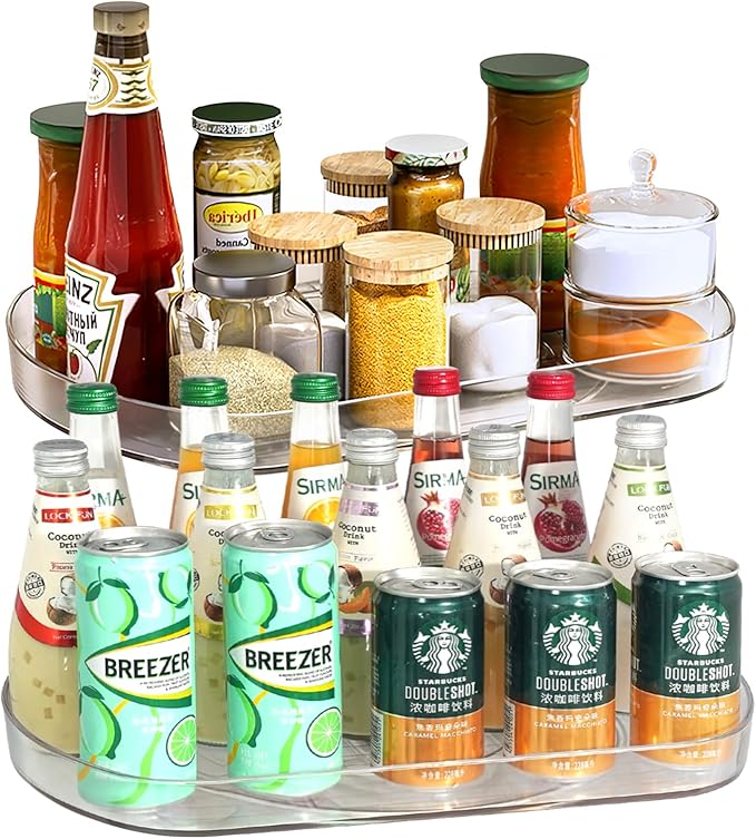 Voova Lazy Susan Turntable Organizer for Refrigerator, 360° Rotating Fridge Organizers and Storage,Rectangle Condiment Organizer Rack for Fridge,Cabinet, Kitchen, Pantry, Countertop, Clear (2 Pack)