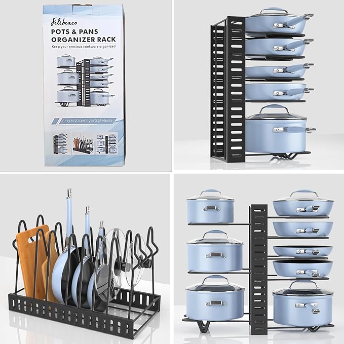 Adjustable Pots and Pans Organizer Rack for Cabinet, Metal Pans Pots Lids Storage Holder Rack with 3 DIY Methods for Kitchen, Counter,Black