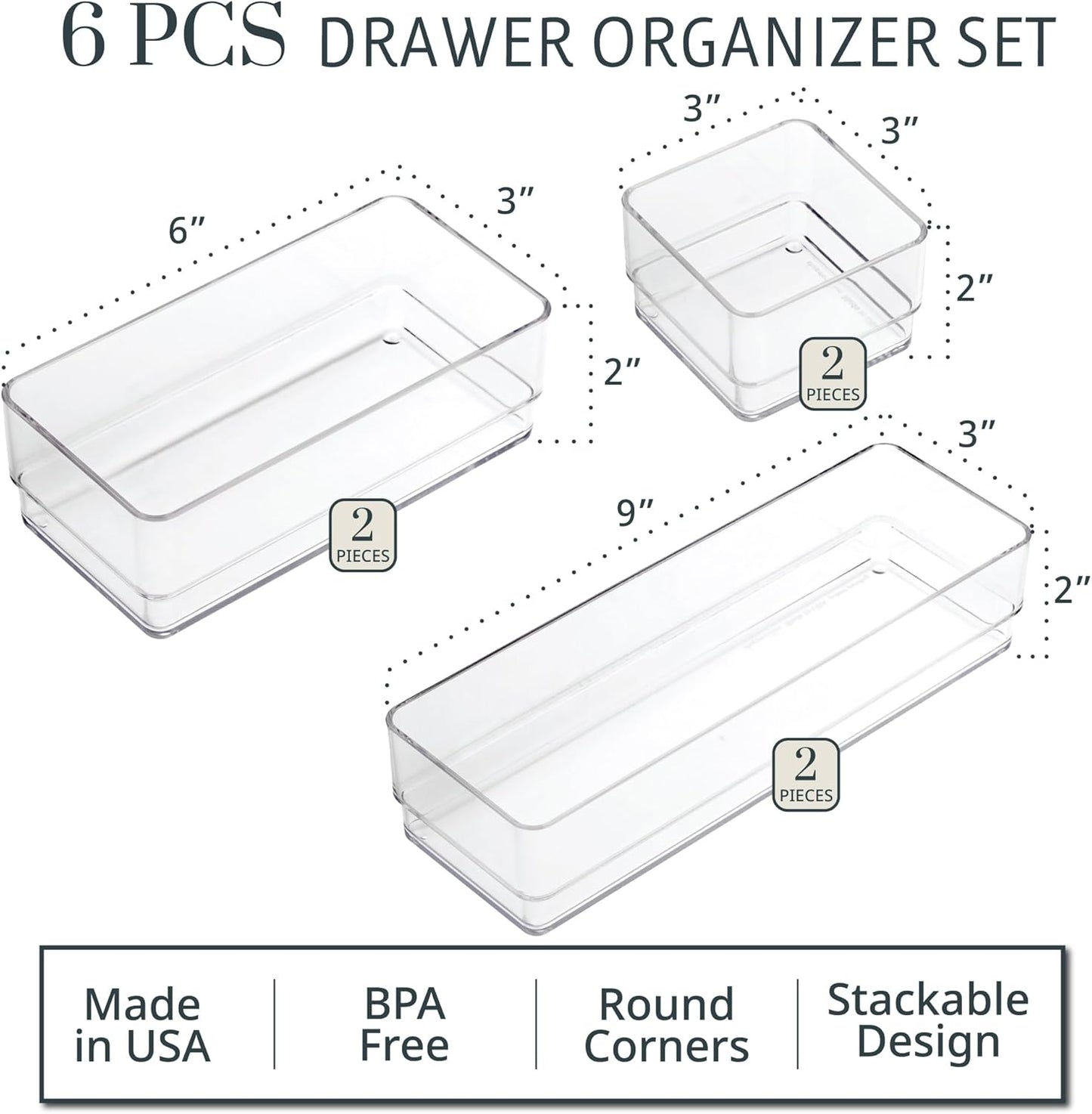 STORi SimpleSort Drawer Organizer Bins 6 pc Set, Multi-size, Bathroom Organizers and Storage, Makeup Organizer, Desk Organizer, Vanity Organizer, Clear Organizing Containers, Made in USA