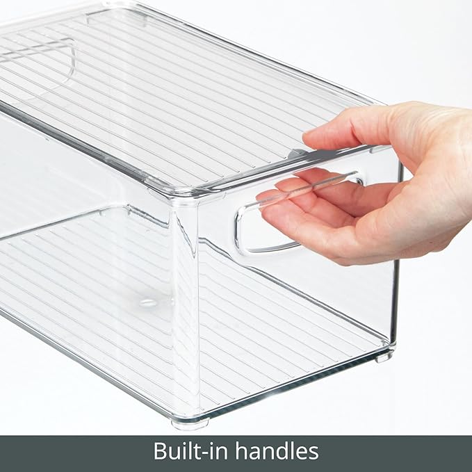 mDesign Plastic Deep Storage Bin Box Container with Lid and Built-In Handles - Organization for Fruit, Snacks, or Food in Kitchen Pantry, Cabinet, or Cupboard, Ligne Collection, 8 Pack, Clear
