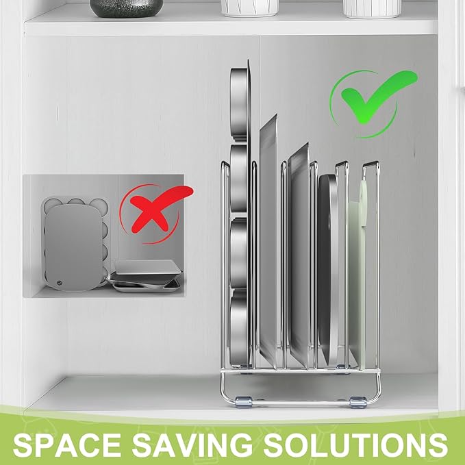 2 Pack-X-Large Kitchen Cabinet Organizer - Storage Tray Organizer Rack for Kitchen Cabinet - Divided Holder with 5 Slots for Skillets, Cutting Board, Baking Sheets(Chrome)
