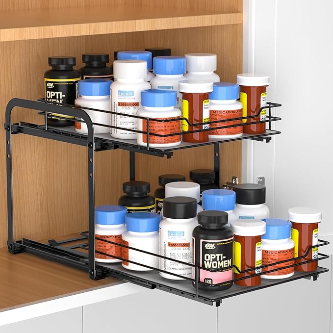 RCHYFEED Spice Rack Organizer for Cabinet, 2 Tier Pull Out Spice Racks for Inside Cabinets & Pantry, Height Adjustable Heavy Duty Vertical Spice Shelf for Seasoning Organizer(9.5" Wx10.5 Dx9.5 H)