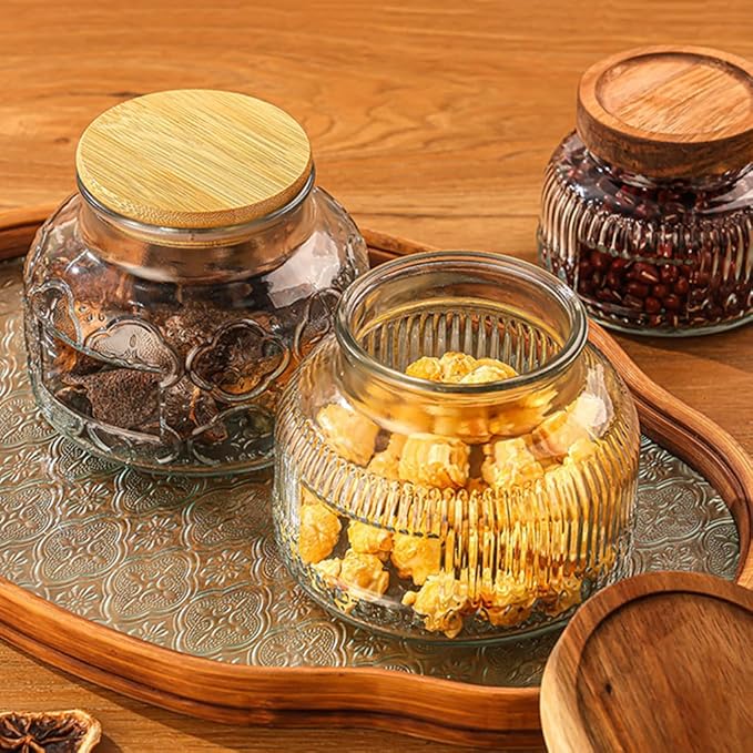 Vintage Glass Jar with Solid Wood Lid, 25.4 FL OZ Begonia Pattern Food Storage Jar, Home Kitchen Decorative Storage Cabinet, Oatmeal, Jam, Coffee, Candy, Cookie Jar, Pet Food Jar (Begonia Flower)