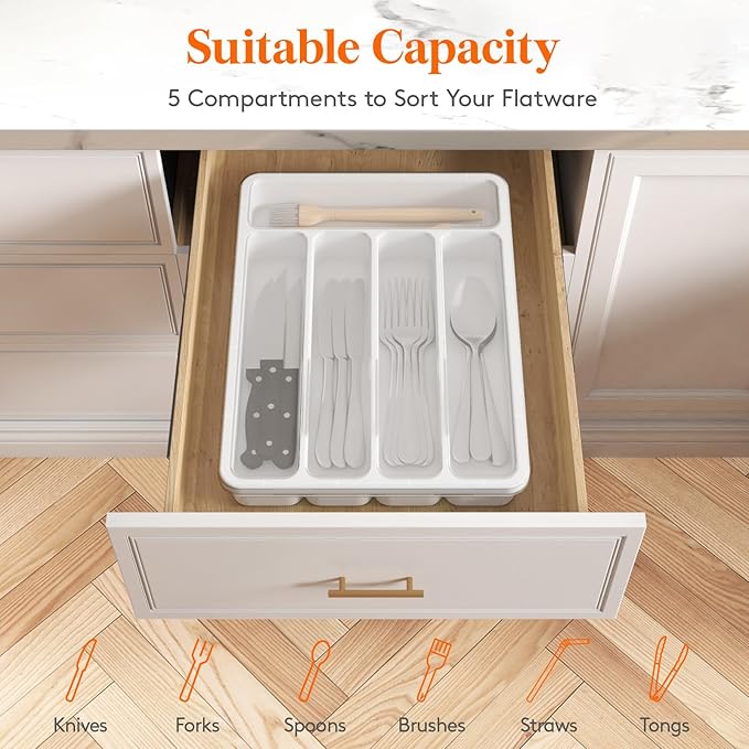 Lifewit Silverware Organizer with Lid, Covered Utensil Tray for Kitchen Drawer and Countertop, Plastic Cutlery and Flatware Storage Box for Spoons Forks Knives Holder Case, 5 Compartments, White