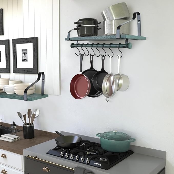 Gurfury Wooden Hanging Pot Rack with 8 hooks - Farmhouse Style Wall Mount Multifunctional Cookware Organizer Rack Kitchen Storage for Pans Utensils (Green)