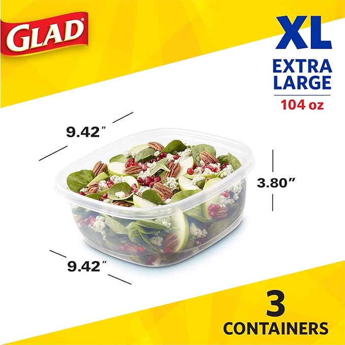GladWare Family Size Food Storage Containers, XL | Large Square Food Storage, Containers Hold up to 104 Ounces of Food, Large Set 3 Count Food Containers