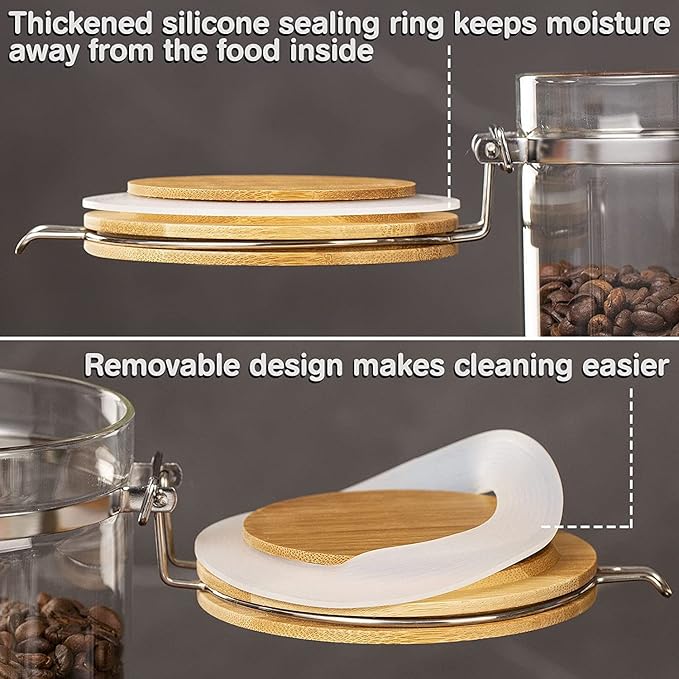 Yangbaga Glass Coffee Containers with Shelf, 2 x 45 oz Coffee Bean Storage with Airtight Locking Clamp and Bamboo Spoon, Large Capacity Food Storage Jar for Kitchen