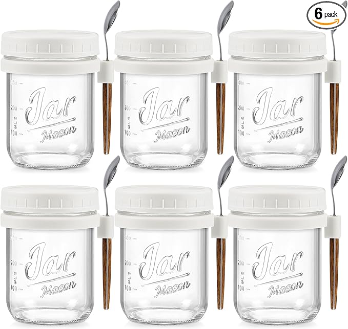 LANDNEOO 6 Pack Overnight Oats Containers with Lids and Spoons, 16 oz Glass Mason Overnight Oats Jars, Large Capacity Airtight Jars for Milk, Cereal, Fruit(White)