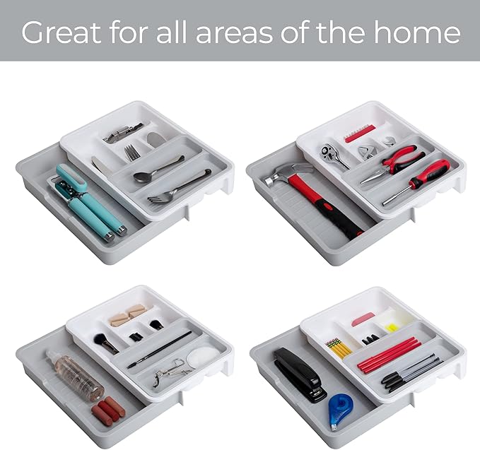 Smart Design 7 Compartment Expandable Drawer Organizer - Sliding Tray - BPA Free - Utensils, Flatware, Office, Personal Care, or Makeup Storage - Kitchen - White with Gray