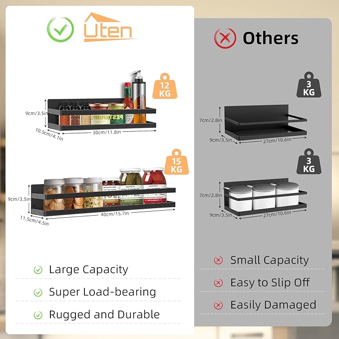 Uten Large Spice Rack for Refrigerator, 2 Pack Strong Magnetic Shelves, Moveable Fridge Organizer for Kitchen Holding Spices, Jars