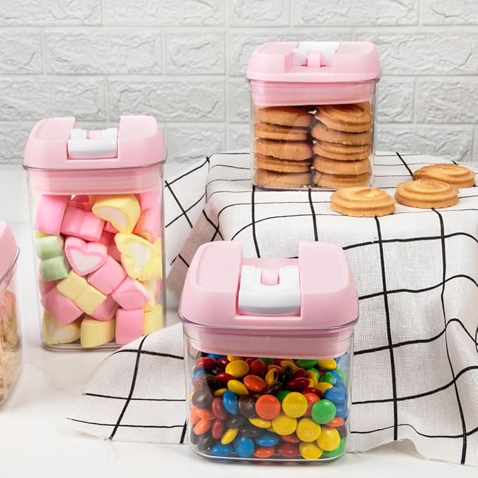 U-QE Airtight Food Storage Container Set-10 Piece BPA Free Clear Plastic Cereal Canisters with Easy Lock Lids-Kitchen & Pantry Organization Containers for Sugar, Flour, Cereal, Labels & Marker(Pink)