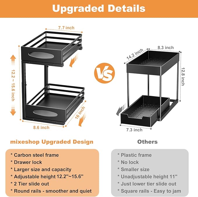 Under Sink Organizer, Pull Out Cabinet Organizers, Slide Sink Steel Shelf Cabinet Storage Shelves, Under Sink Storage for Kitchen Bathroom Cabinet (Black, 2 Pack)