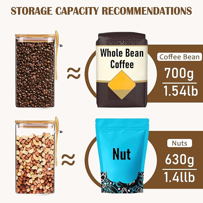 1500ML Brown Sugar Keeper, Glass Storage Containers with Bamboo Lids and Spoon, Airtight Clear Glass Jars Canister for Pasta, Nuts, Coffee Beans(Include 5 Brown Sugar Savers)