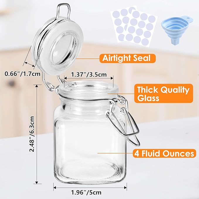 Spice Jars 20 Pack Small 4 oz Glass Jars with Airtight Hinged Lids, Spice Herb Jars with Labels and Silicone Funnels, 4oz Glass Jars with Lids Ideal for Spice Herbs