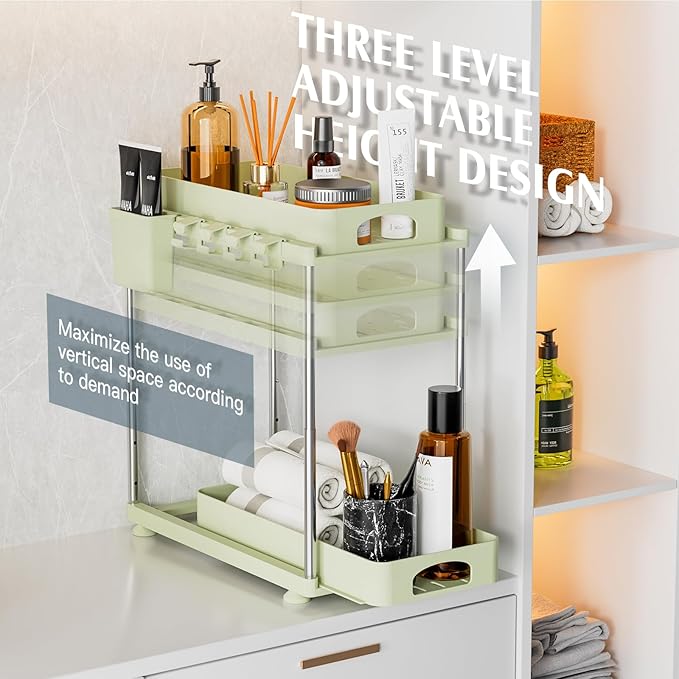 Under Sink Organizer, 2 Pack Under Kitchen Bathroom Cabinet Organizer, 2 Tier Under Bathroom Kitchen Sink Organizer, Adjustable Height Bathroom Kitchen Cabinet Organizers and Storage, Green