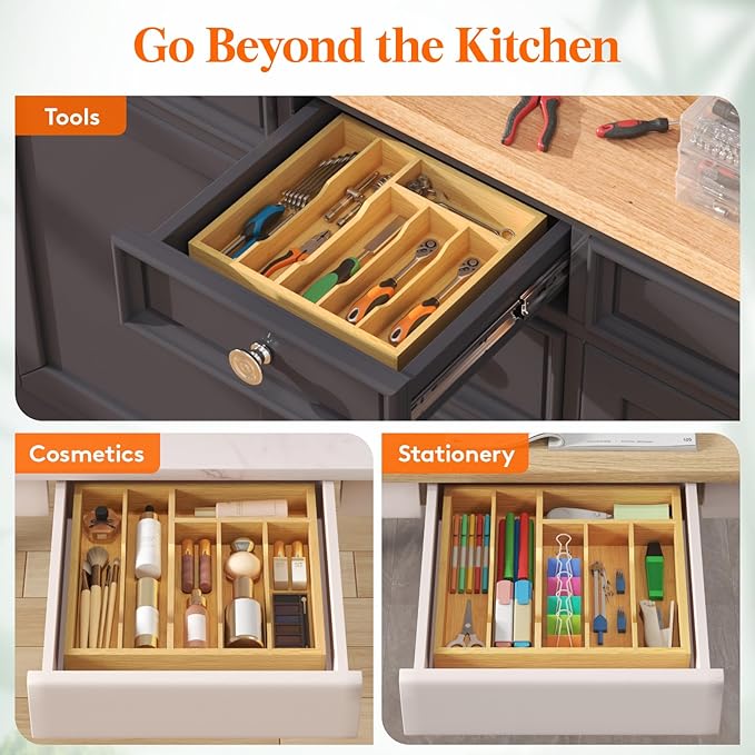 Lifewit Silverware Drawer Organizer Tray, Bamboo Cutlery Storage for Kitchen Drawer, 6 Compartment Flatware and Utensil Holder Divider for Spoons Forks Knives Tableware, Natural