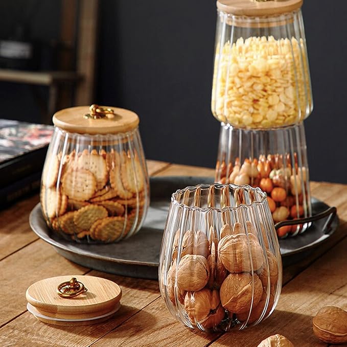 Strip Pattern Clear Glass Candy Jar with Bamboo Lid,Food Storage Jar,Glass Jar with Lid,Coffee Sugar Canister Airtight Storage Container (Oval)