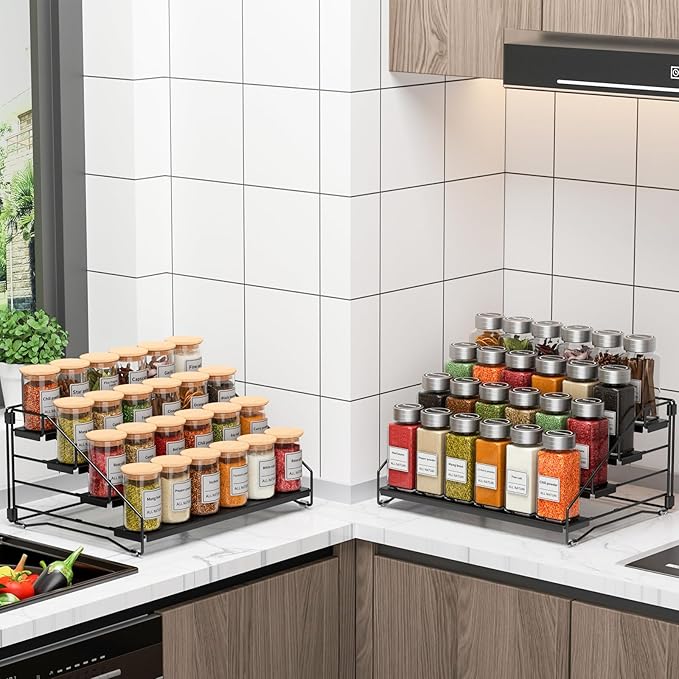 RCHYFEED Spice Rack Organizer for Cabinet Pantry,4 Tier Countertop Spice Rack,Step Spice Organization Easy Visibility,Tierd Depth Expandable Seasoning Shelf for Cabinet Organizer (Black, 1Pack)