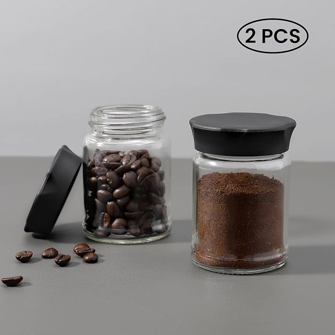 VEVOK CHEF Mini Glass Jars with Black Lids 2 pcs Food Storage Jar Kitchen Canister Small Coffee Tea Spice Storage Jar Set (4 Ounce) Gift