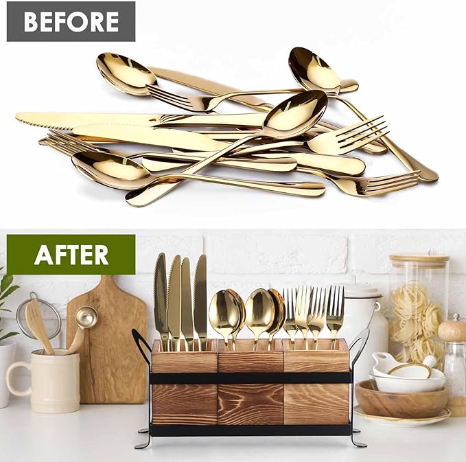Wooden Utensil Caddy, Farmhouse Kitchen Silverware Holder with 3 Compartment, Flatware Organizer with Black Portable Metal Tray, Utensil Cutlery Organizer for Forks Spoons Knives, Wood