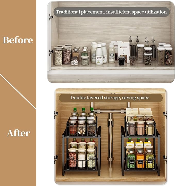 Under Sink Organizer, 2-Tier Pull Out Cabinet Organizer, Kitchen Bathroom Organizer and Storage, Spice Rack for Kitchen, Multi-use Sliding Drawers Shelves (1 Pack)