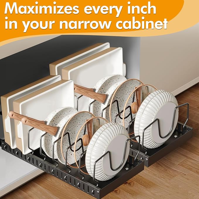2 Pcs Pull-Out Pots and Pans Organizer Under Cabinet, Pot and Pan Organizers Inside Cabinet for Kitchen Cabinet Storage and Pots Storage Rack Pans Lid Dishes Holder Bakeware Organizer with Slide Rails