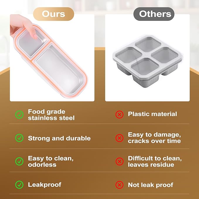 Stainless Steel Snack Containers - Reusable Double Compartment Condiment Box with Lids for Kids Adults, Grab and Go Divided Snack Food Storage Containers Sauce Cups for School, Travel