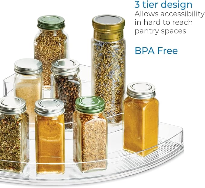 iDesign Recycled Plastic 3-Tier Stadium Spice Rack Organizer for Kitchen, Fridge, Freezer, Pantry and Cabinet Organization, The Linus Collection – 14" x 10" x 4", Clear (Pack of 2)