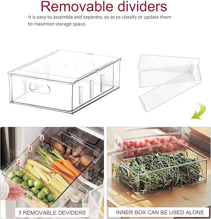 3 Pack Refrigerator Organizer Bins with Pull-out Drawer, Large Stackable Fridge Drawer Organizer Set with Handle, Drawable Clear Storage Cases for Freezer, Cabinet, Kitchen, Pantry Organization