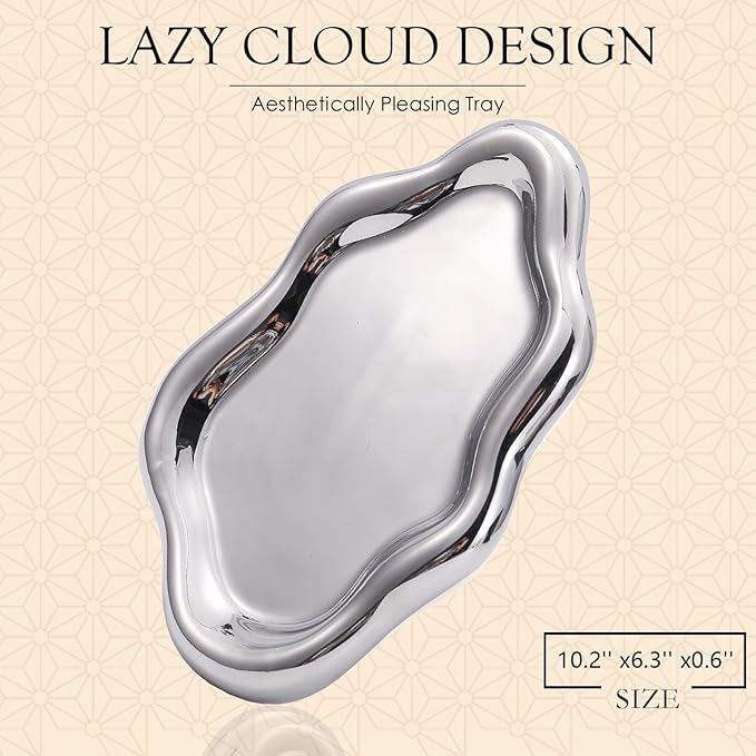 Ceramic Jewelry Tray Trinket Dish, Decorative Cloud Vanity Key Tray for Women, Ring Holder Dish, Cute Jewelry Plate Bowl Room Decor Aesthetic, Silver, Large