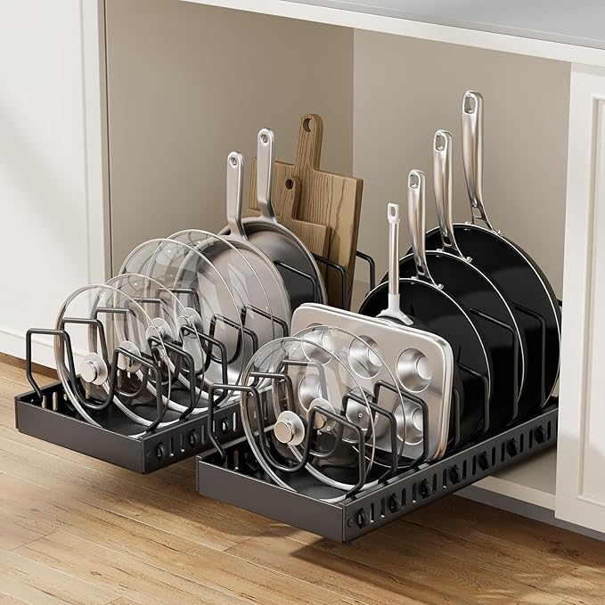 SUNZOS Pots and Pans Organizer for Under Cabinet, Pull Out Pot Lid Organizer for Kitchen, Pan Holder Inside Cabinet and Storage with 8 Adjustable Dividers