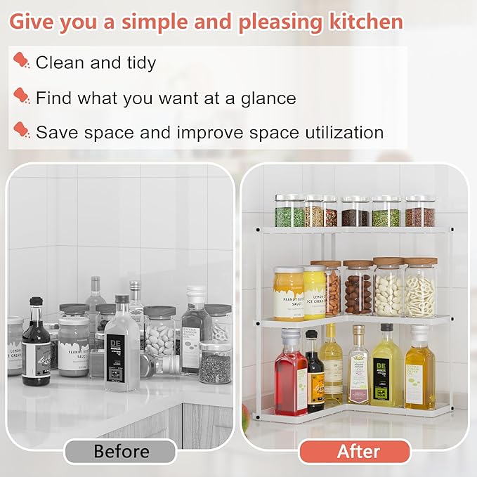 Buzowruil Kitchen L-Shaped Spice Storage Rack Triangle Corner Three-Layer Cabinet Spice Rack,1 Pack (White)