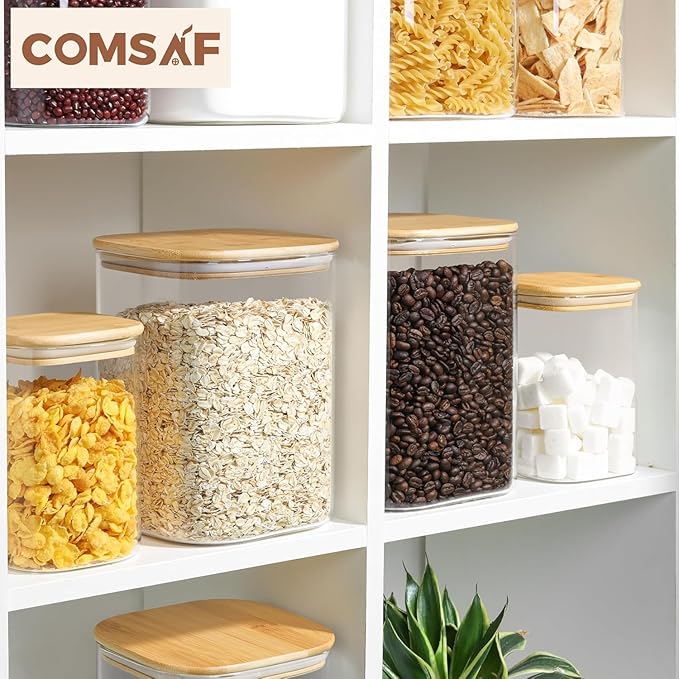 ComSaf 115 oz Glass Food Storage Containers, Cereal Storage Containers with Airtight Lids, Large Square Glass Jars with Bamboo Lids, for Rice, Pasta, Oats, Grains, Coffee Beans