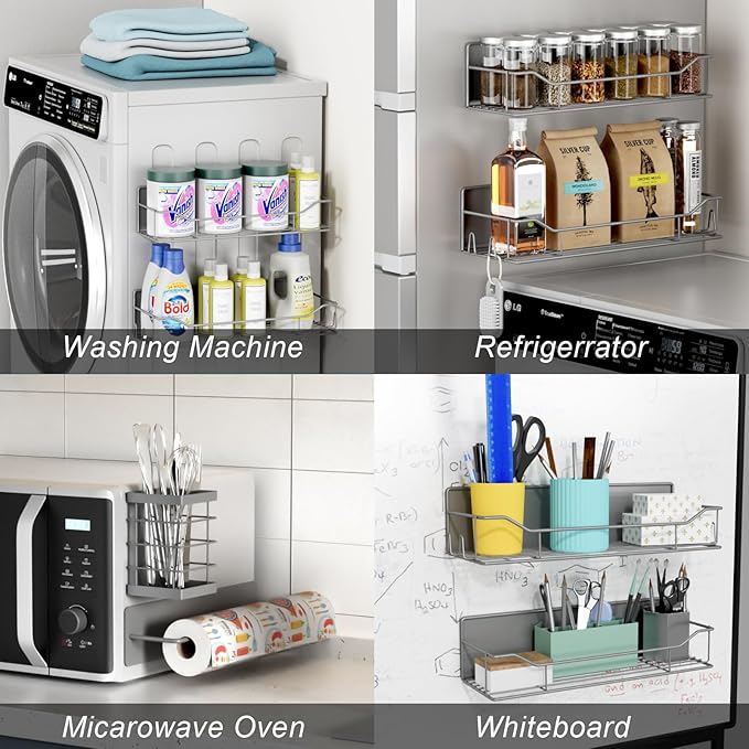 Magnetic Spice Rack for Refrigerator,8 Pack Magnetic Fridge Shelf, Moveable Spice Organizer with Hook Rack, Paper Towel Holder, Utensil Holder,cup lid holder, Super Magnetic Rack Set (Grey)